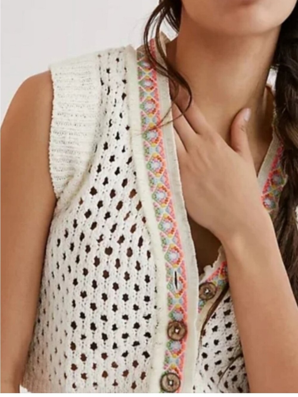 Anthropologie Cream Crochet Knit Vest with Multicolor Trim
